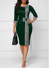 Houndstooth Print Bowknot Blackish Green Bodycon Dress