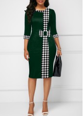 Houndstooth Print Bowknot Blackish Green Bodycon Dress