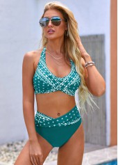 Mid Waisted Geometric Print Criss Cross Turquoise Bikini Set