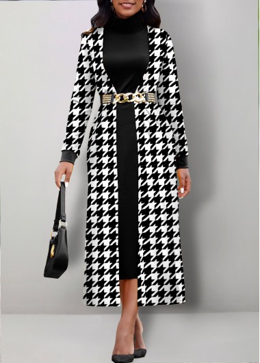 Rosewe Women Black Houndstooth Print Fake 2In1 Long Sleeve Maxi Dress Mock Neck Elegant Church Dress Work Dress - XL