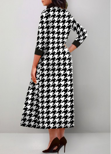 Rosewe Women Black Houndstooth Print Fake 2In1 Long Sleeve Maxi Dress Mock Neck Elegant Church Dress Work Dress - M
