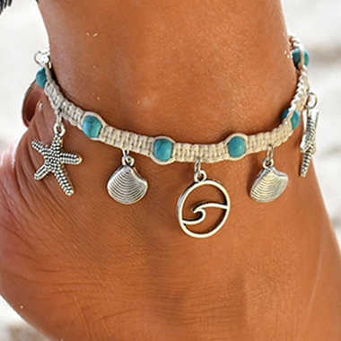 Silver Metal Turquoise Seashell Design Anklet