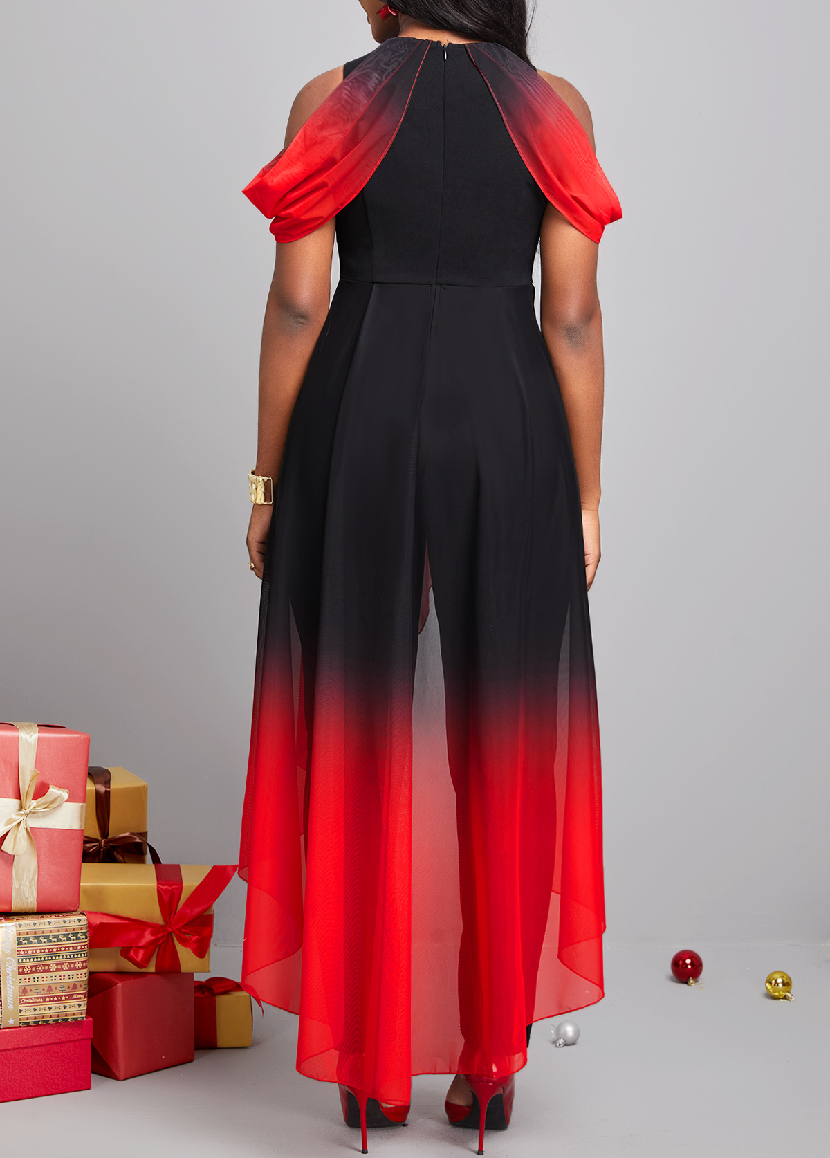 Ombre Asymmetry Red Ankle Length Round Neck Jumpsuit