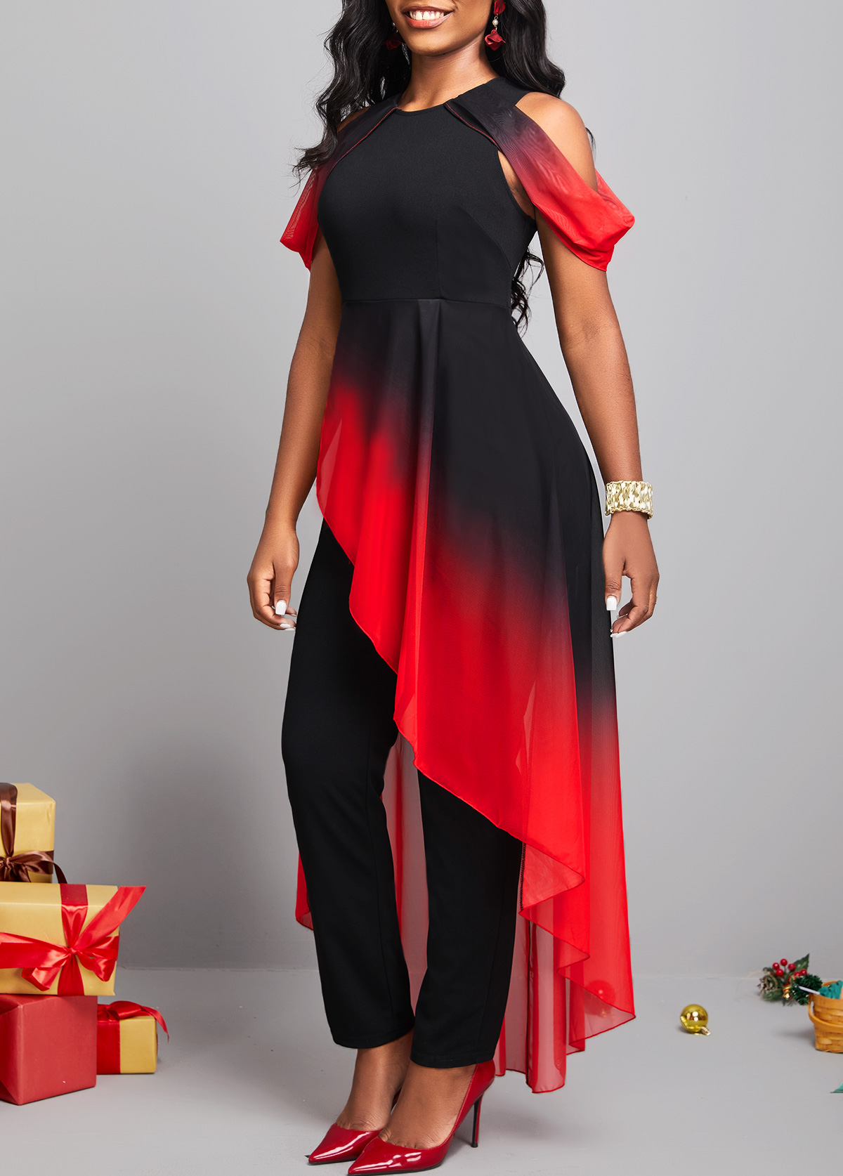 Ombre Asymmetry Red Ankle Length Round Neck Jumpsuit