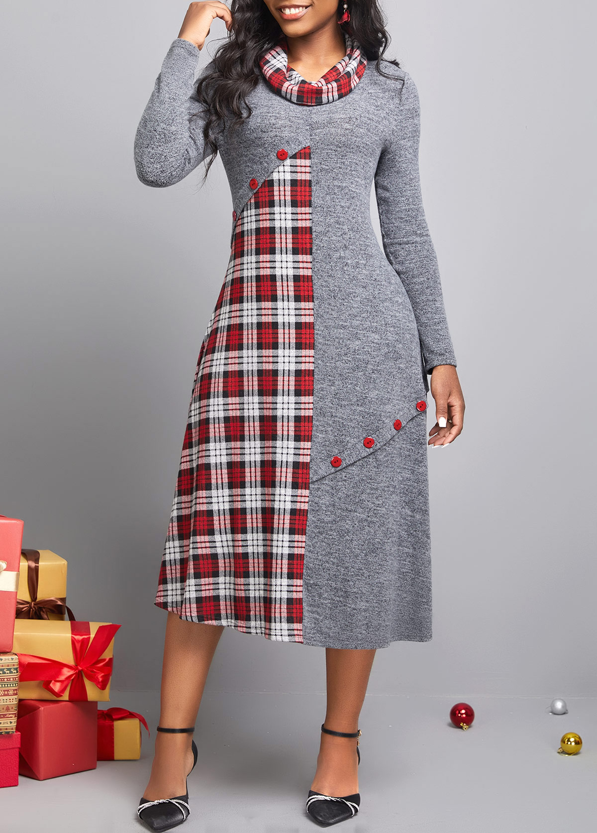 Tartan Print Button Dark Grey Dress