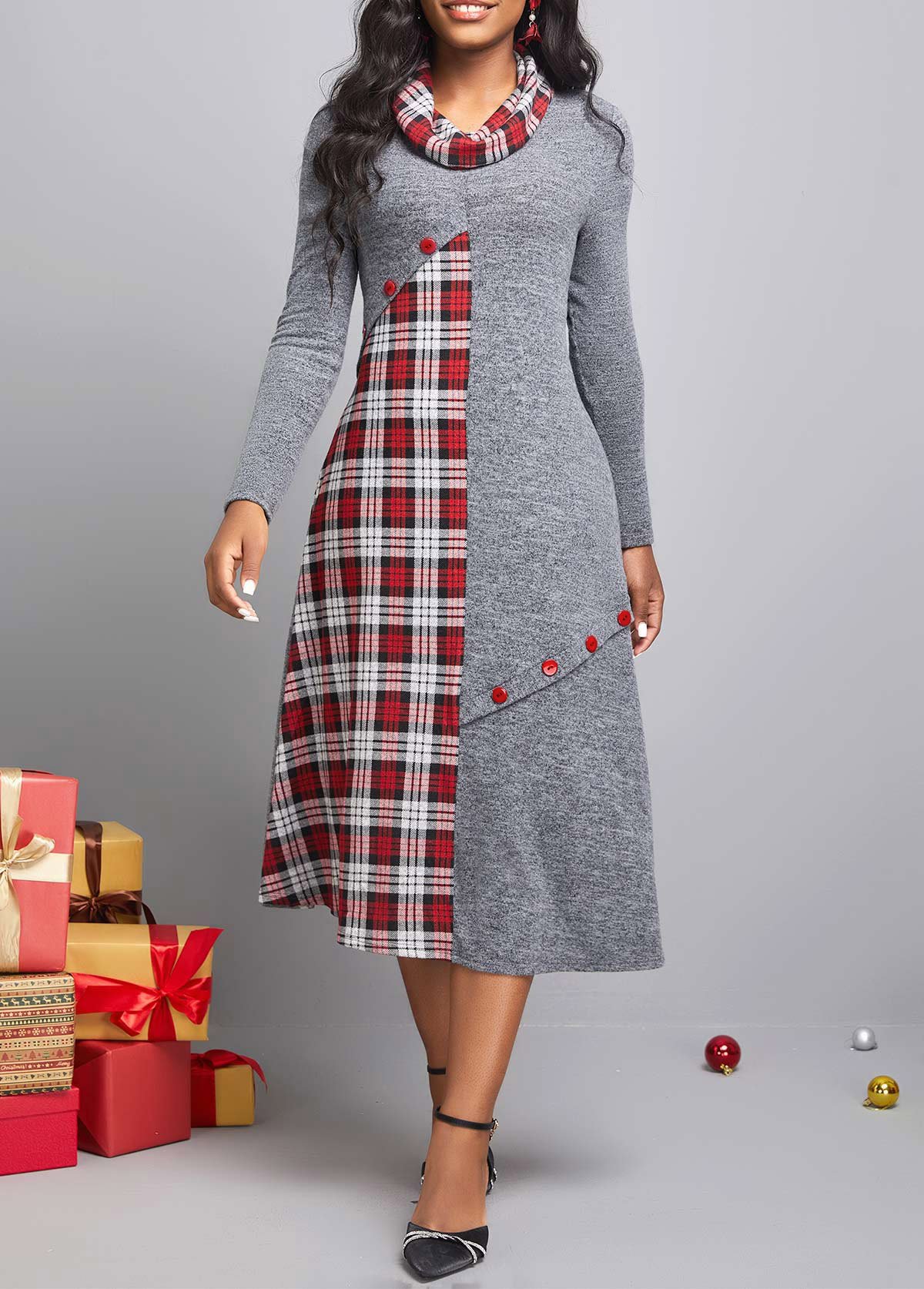 Tartan Print Button Dark Grey Dress