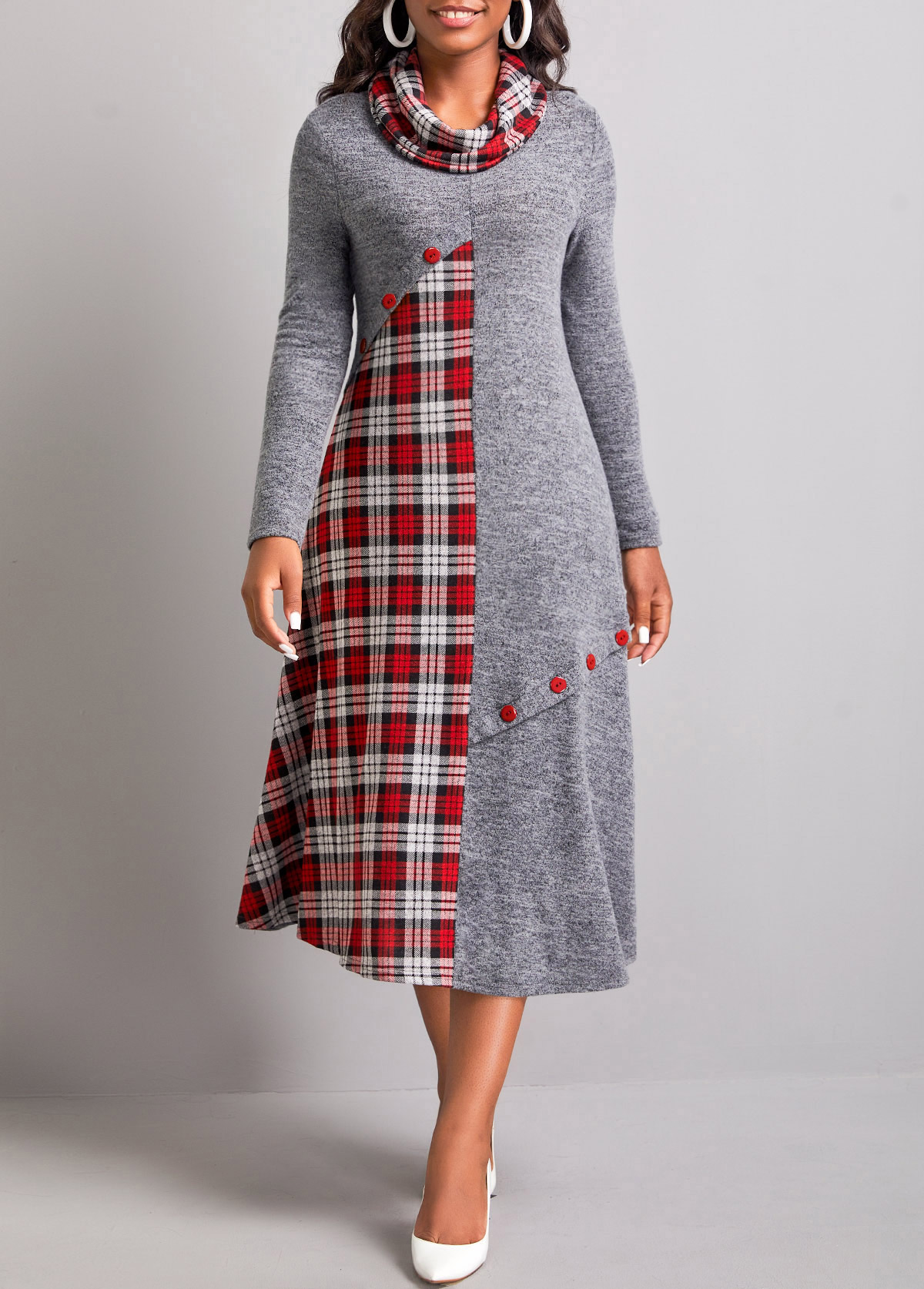 Tartan Print Button Dark Grey Dress