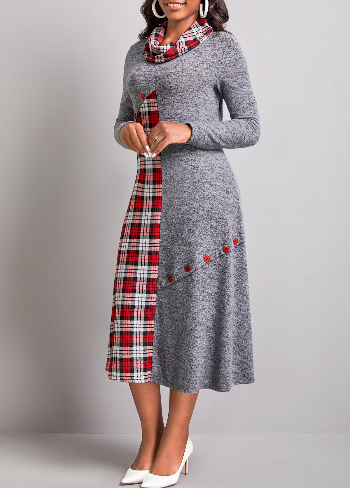 Tartan Print Button Dark Grey Dress
