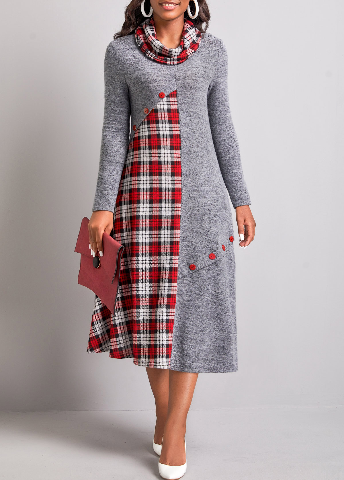Tartan Print Button Dark Grey Dress