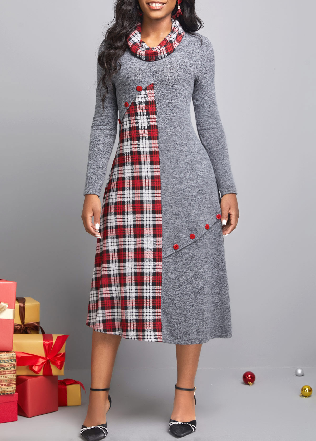 Tartan Print Button Dark Grey Dress