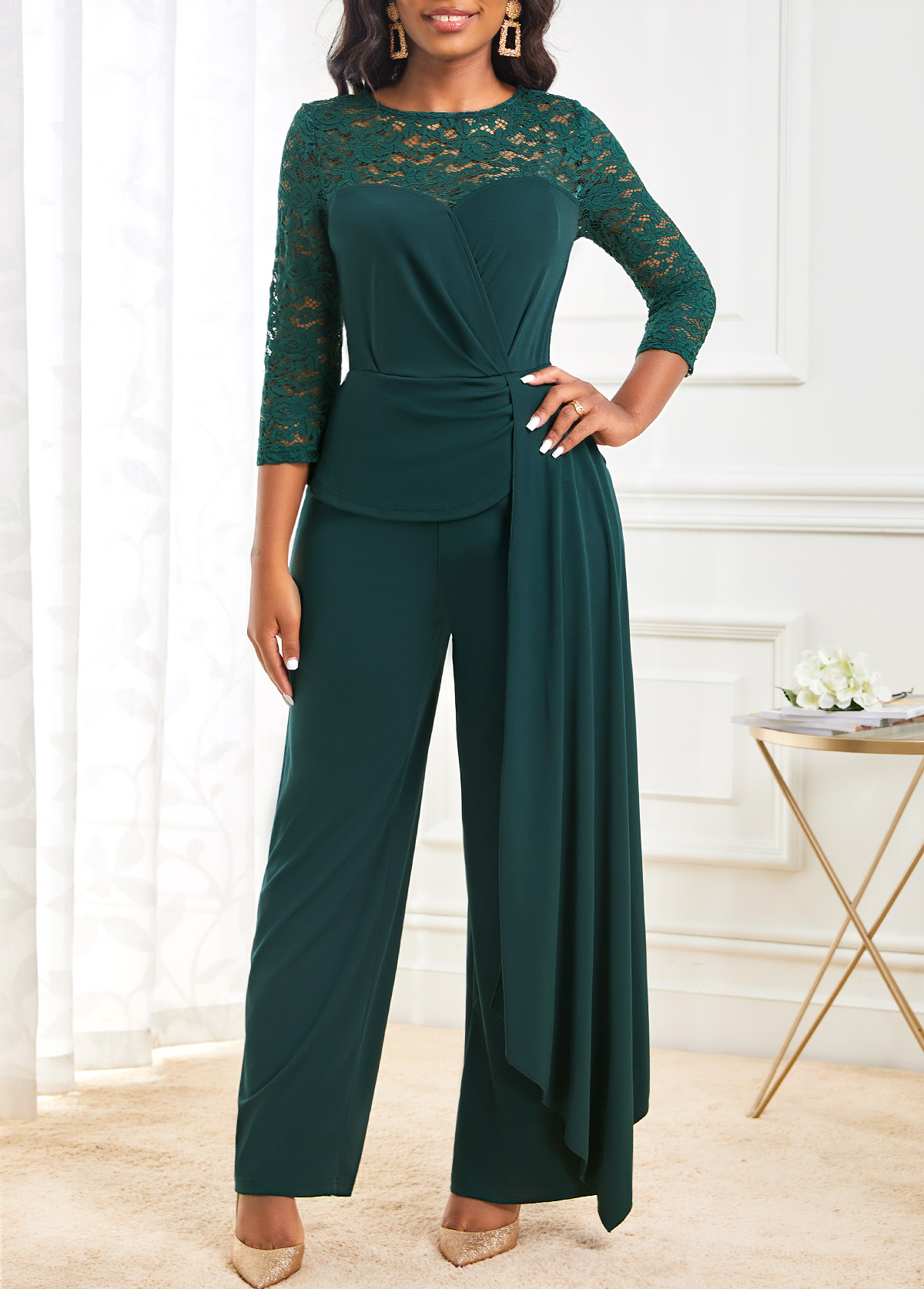 Lace Stitching 3/4 Sleeve Blackish Green Jumpsuit