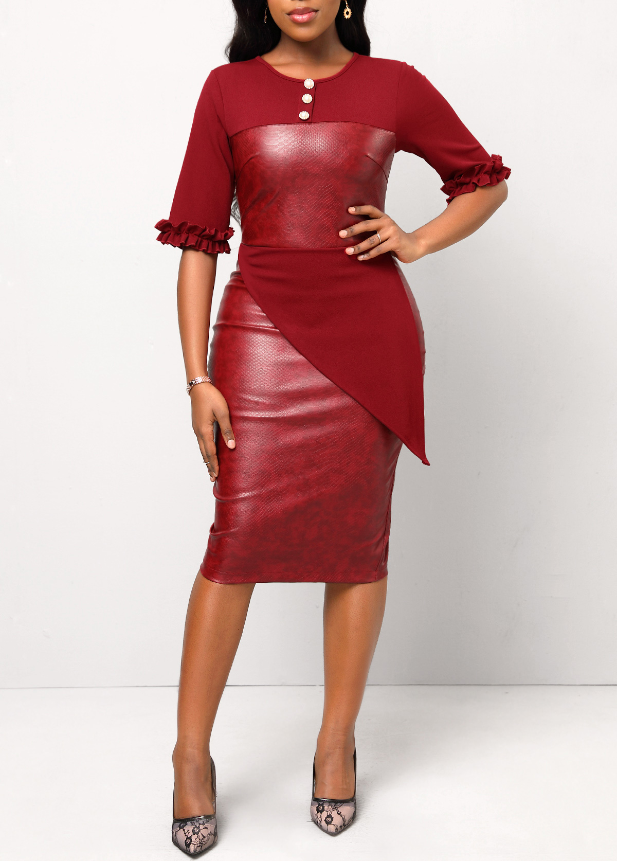 Wine Red Button Frill Half Sleeve Dress