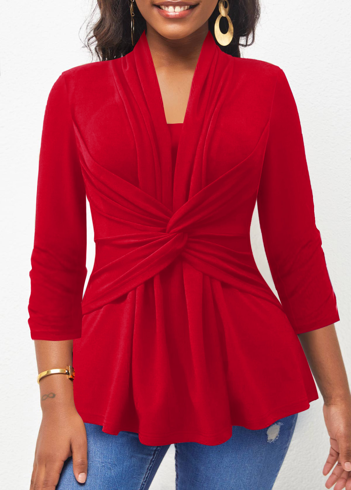 Twist Front 3/4 Sleeve Red T Shirt