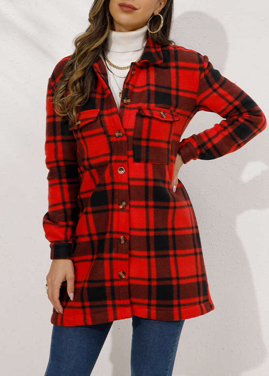 Plaid Button Red Turn Down Collar Coat