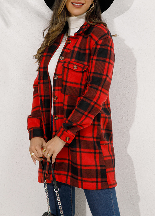 Plaid Button Red Turn Down Collar Coat