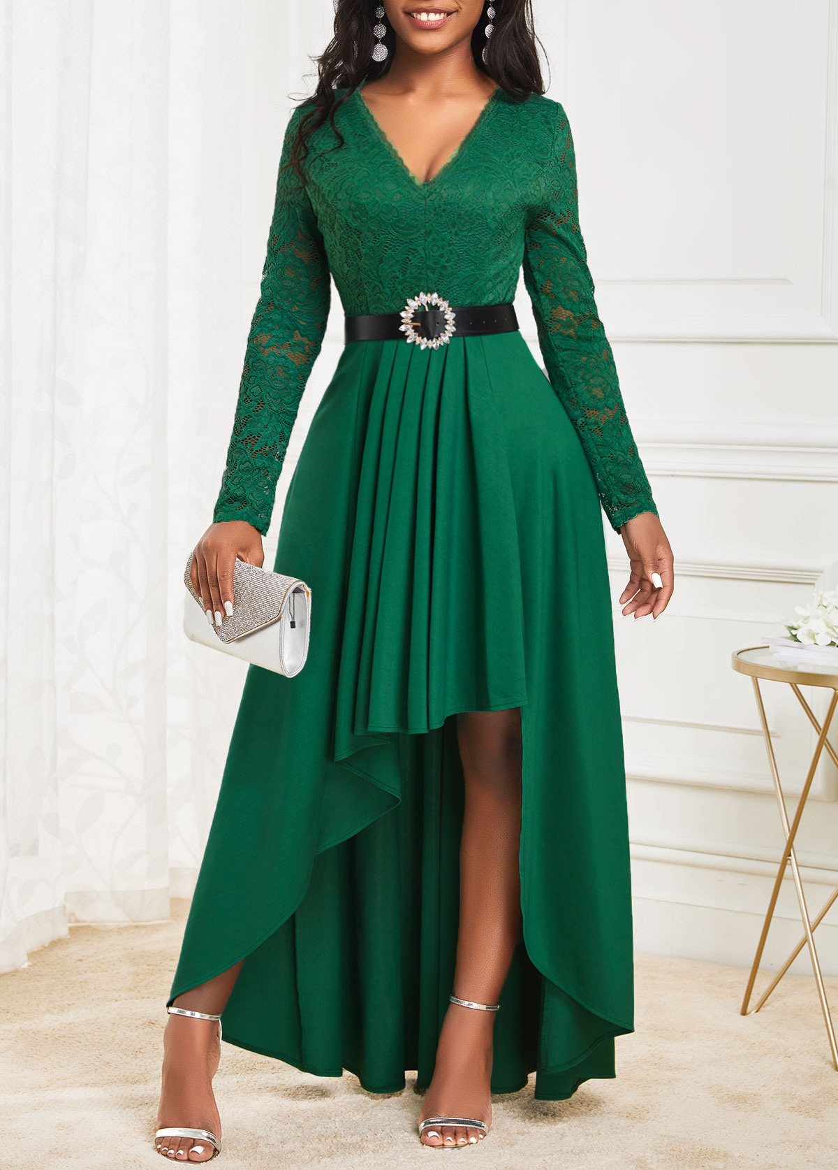 Green High Low V Neck Lace Dress