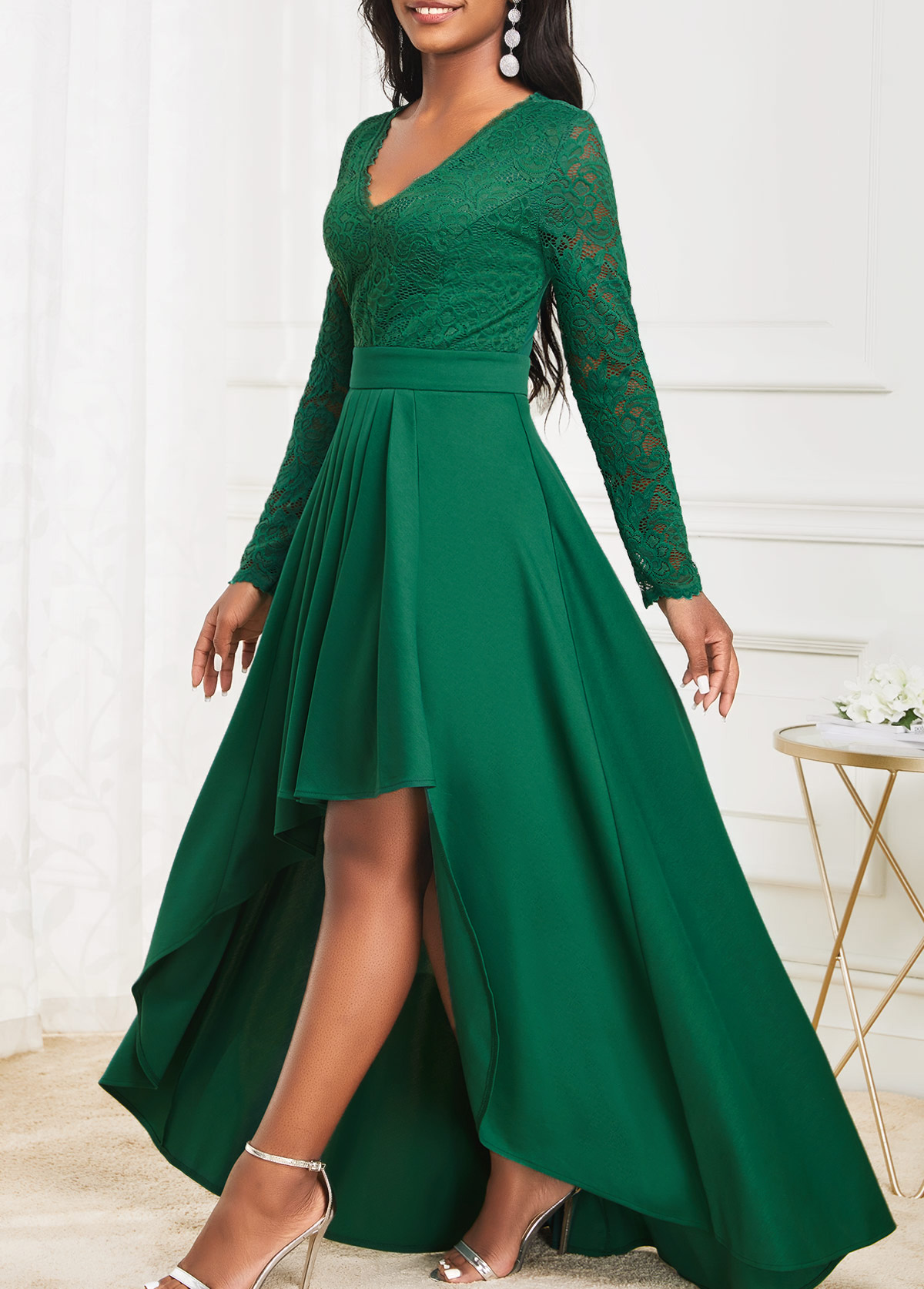 Green High Low V Neck Lace Dress