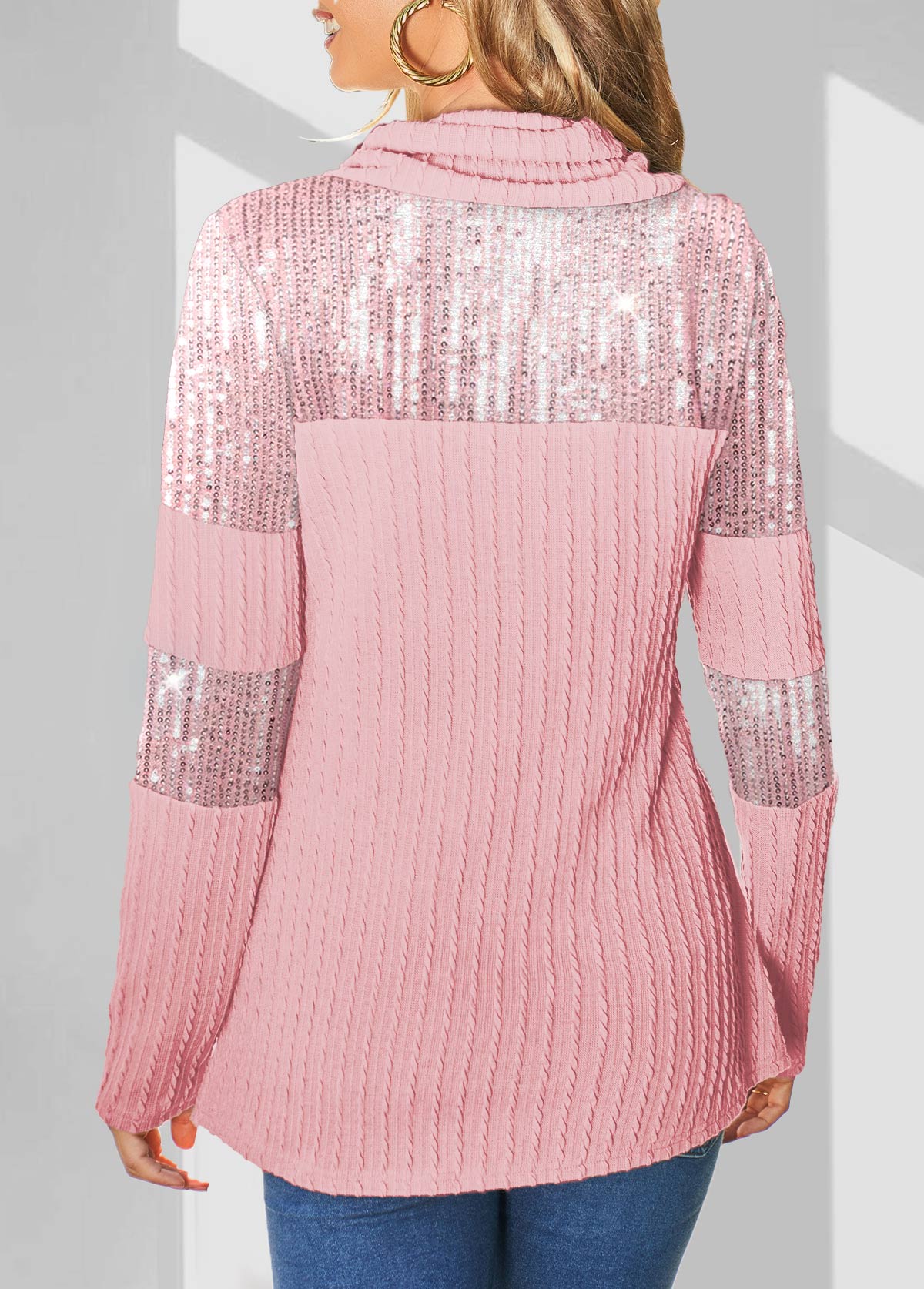 Pink Sequin Twisted Cowl Neck Sweatshirt