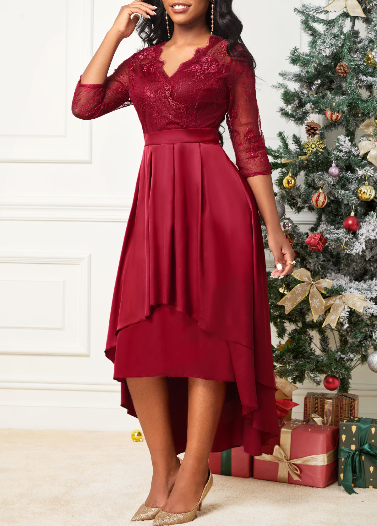 Asymmetric Hem Lace Stitching Wine Red Dress