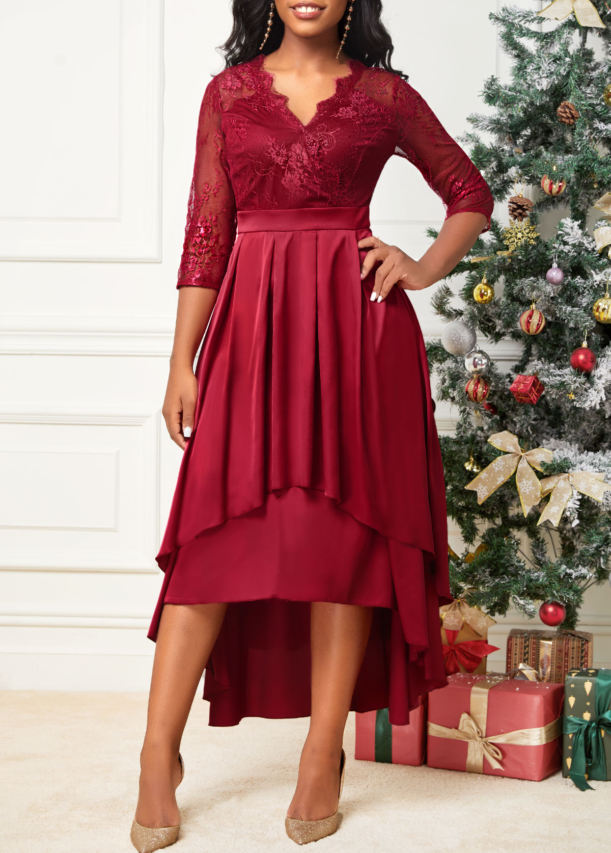 Asymmetric Hem Lace Stitching Wine Red Dress
