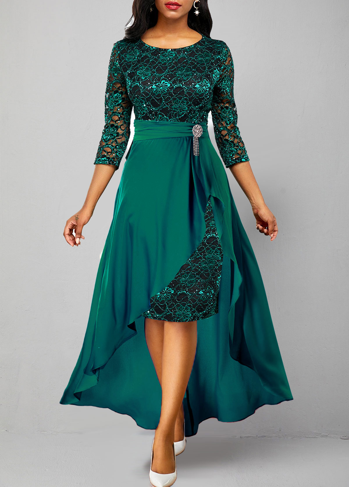 3/4 Sleeve Lace Patchwork Turquoise Dress