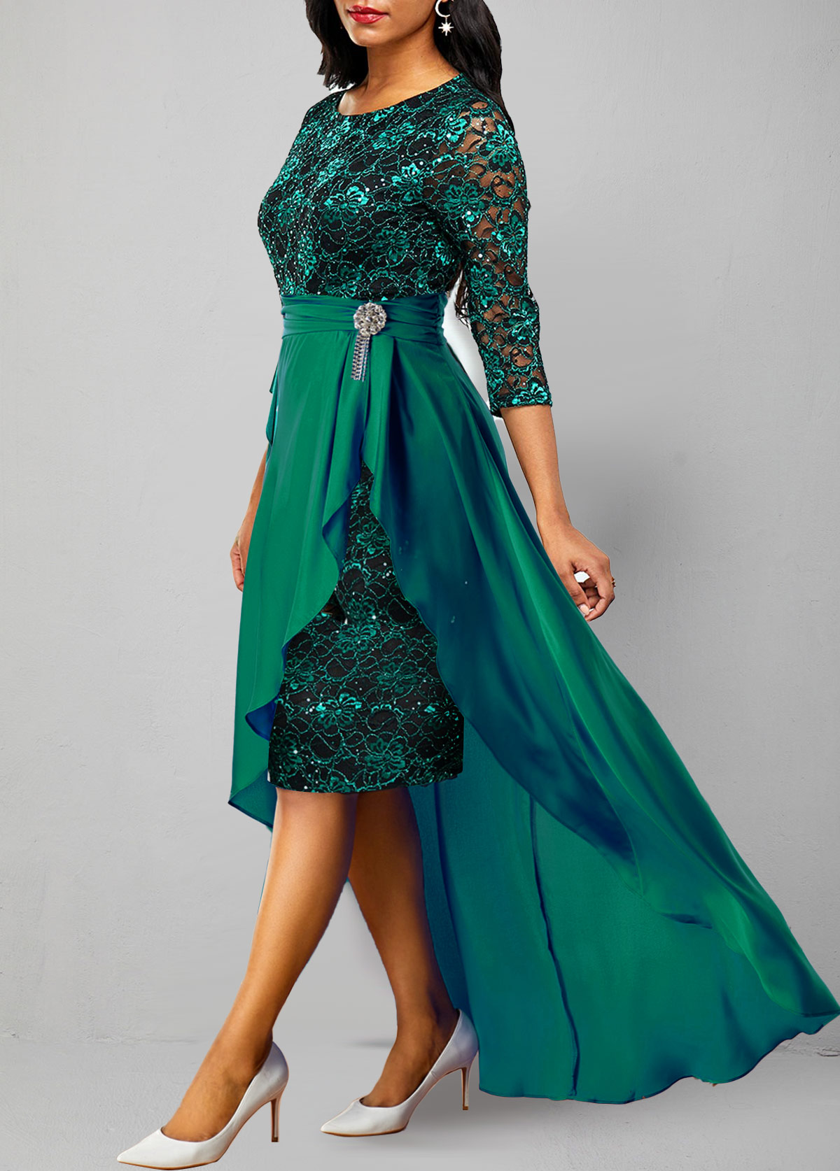 3/4 Sleeve Lace Patchwork Turquoise Dress
