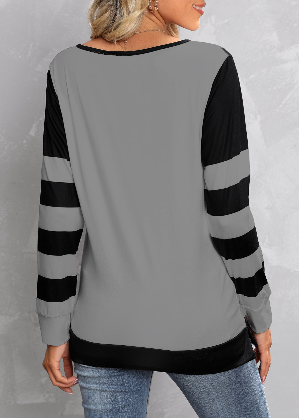 Contrast Color Zipper Grey Split Neck T Shirt