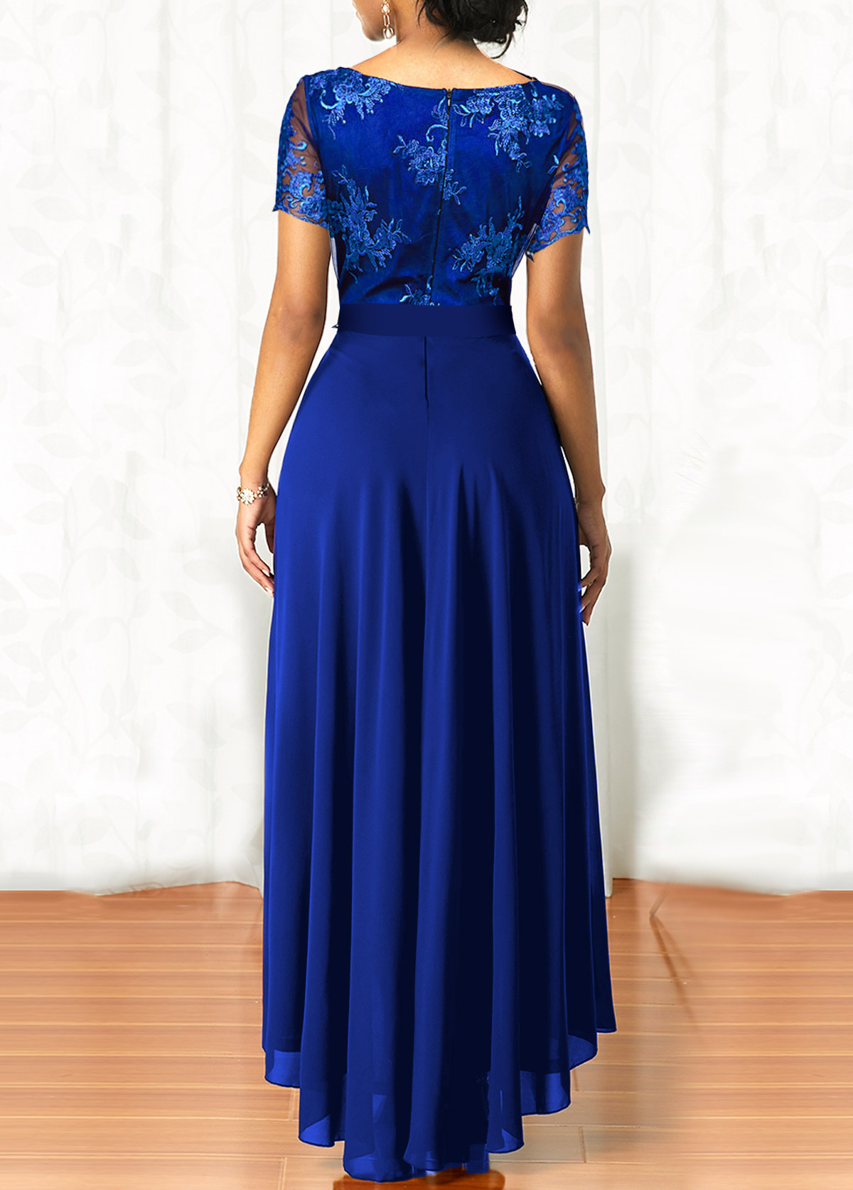 Belted Sapphire Blue Lace Patchwork Maxi Dress