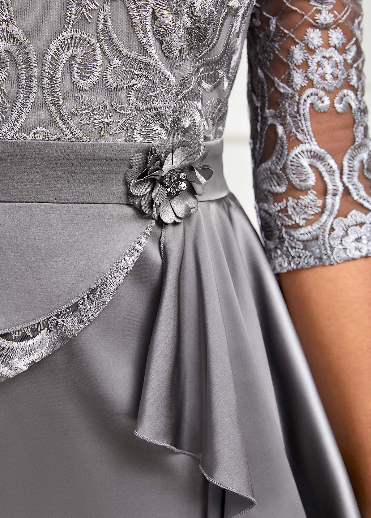 Lace Stitching Grey Peplum Waist Flounce Dress