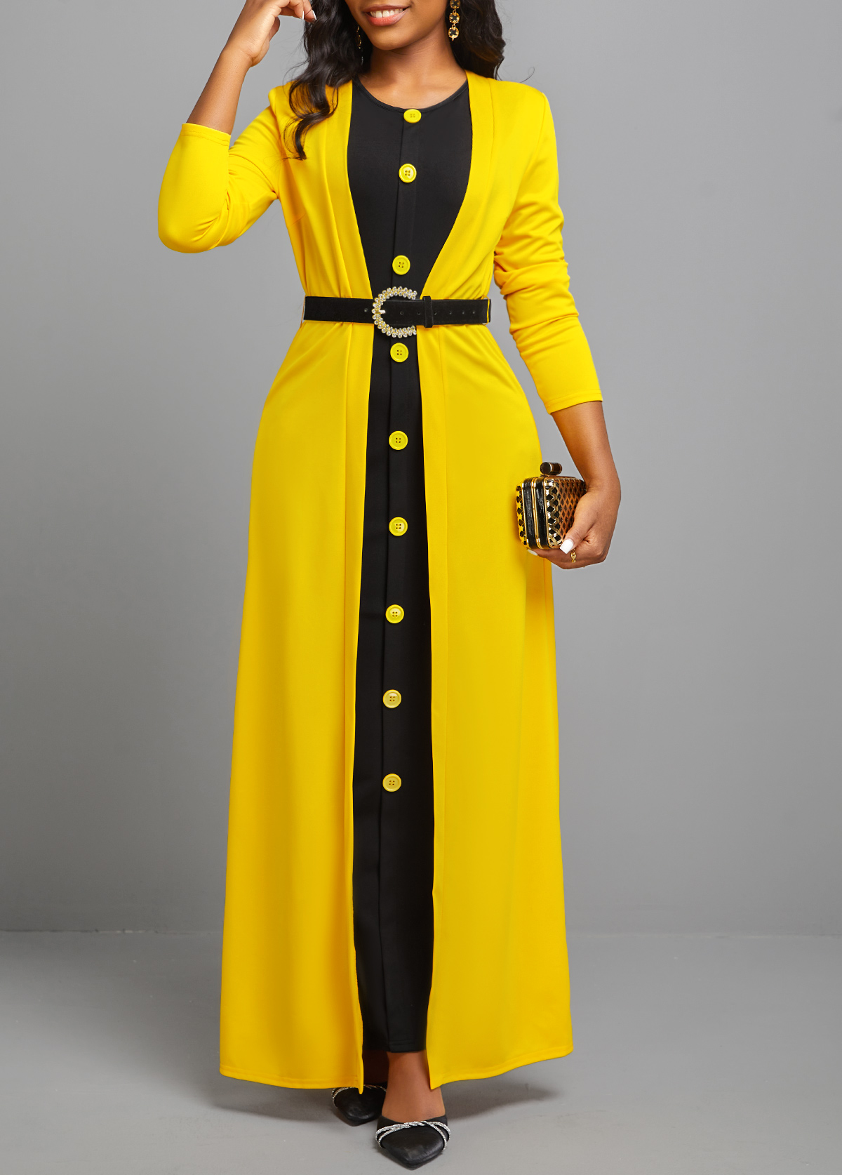 Yellow Button Dress and Long Sleeve Cardigan