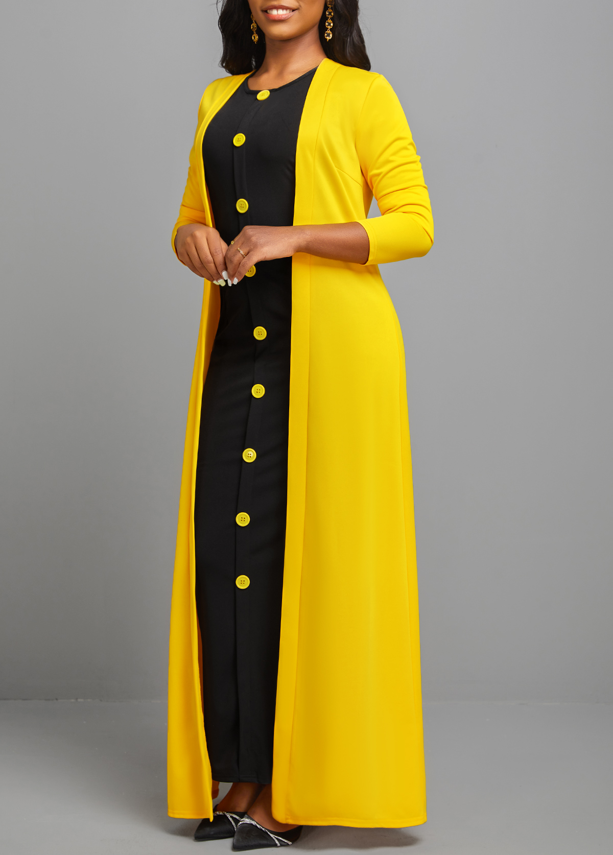 Yellow Button Dress and Long Sleeve Cardigan