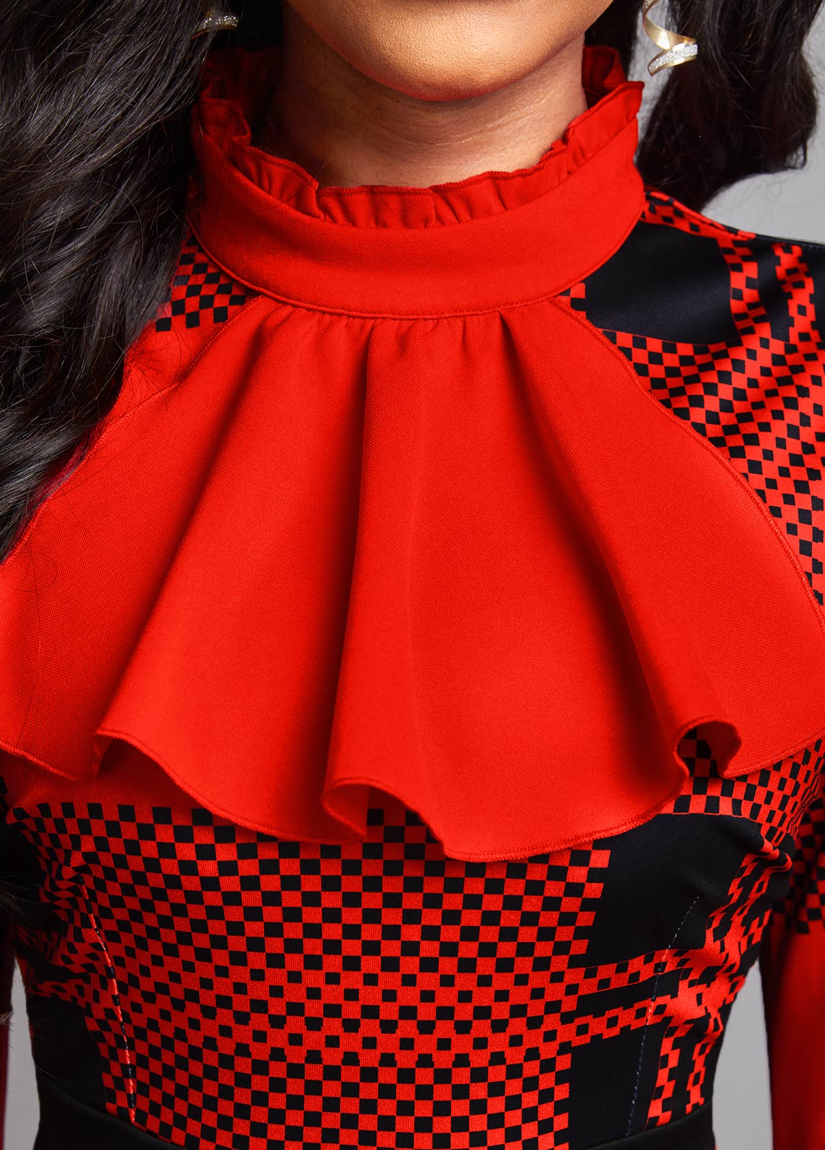 Tartan Print Frill Red Midi Bodycon Dress