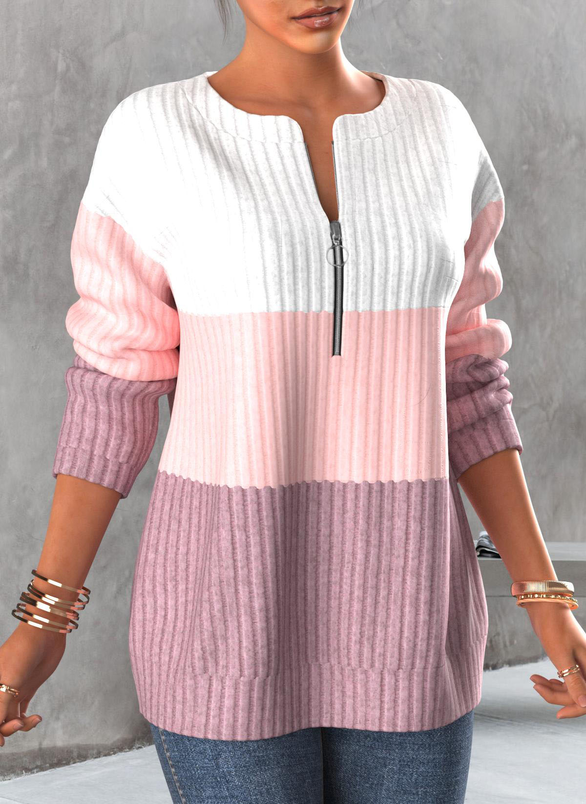Plus Size Contrast Zipper Light Pink Round Neck Sweatshirt
