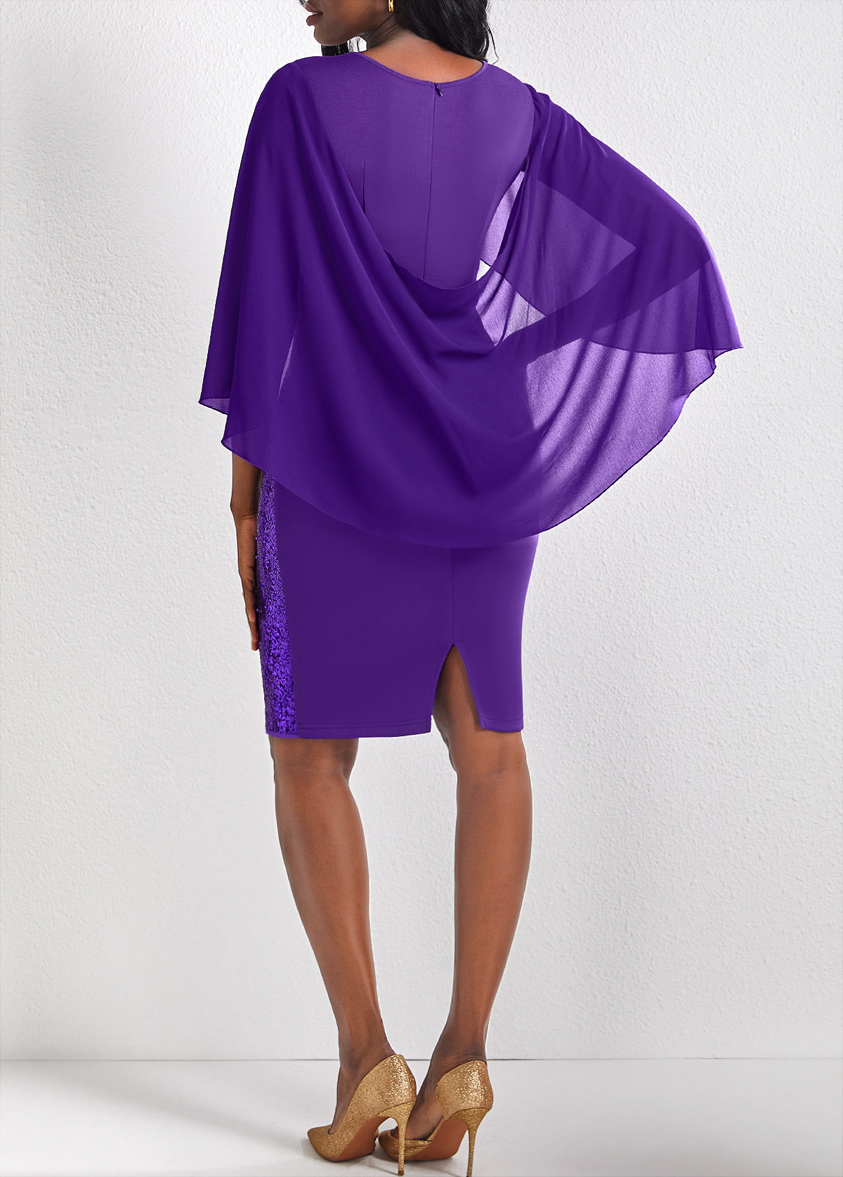 Button Design 3/4 Sleeve Purple Sequin Dress