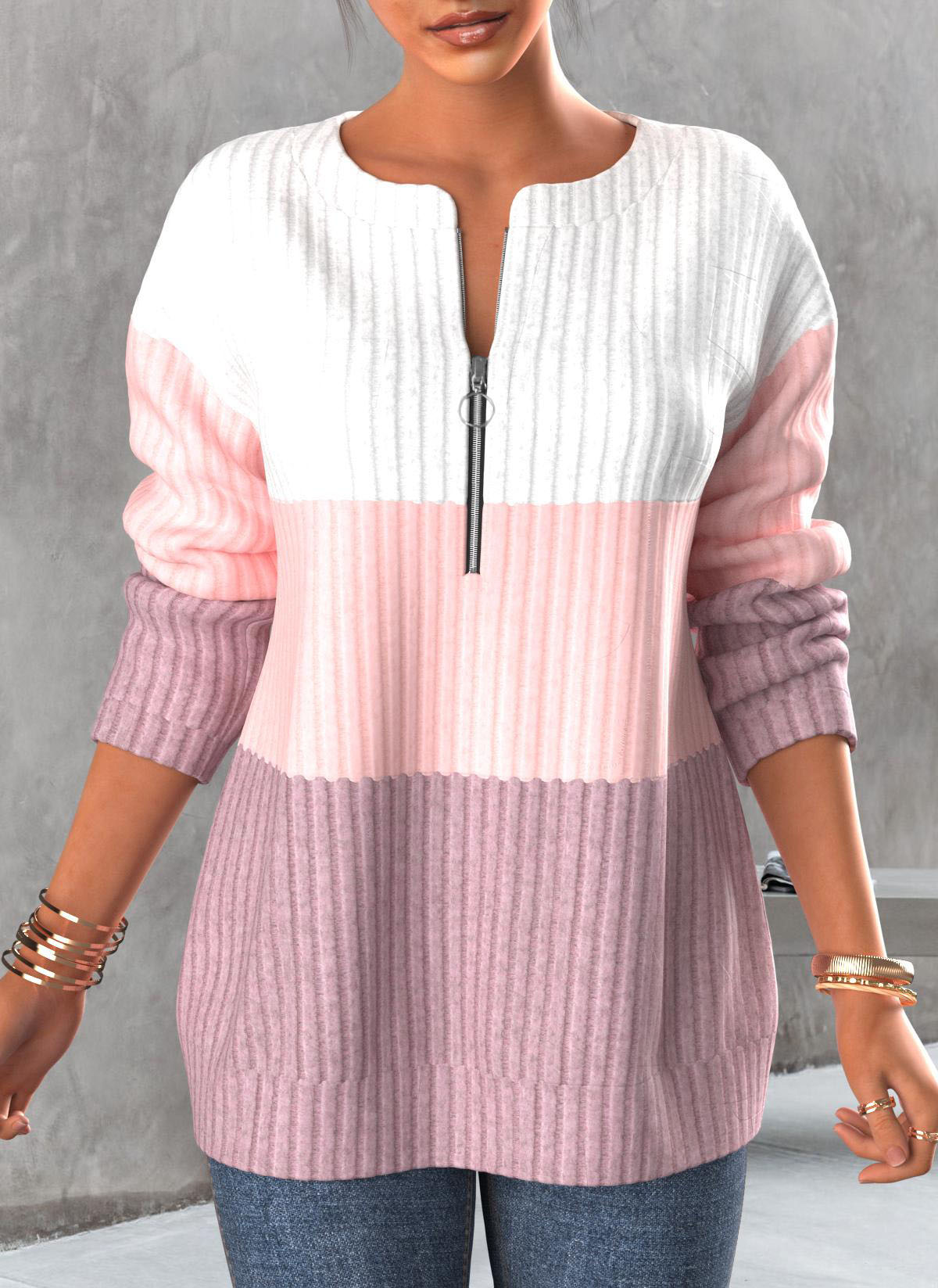 Contrast Zipper Light Pink Round Neck Sweatshirt