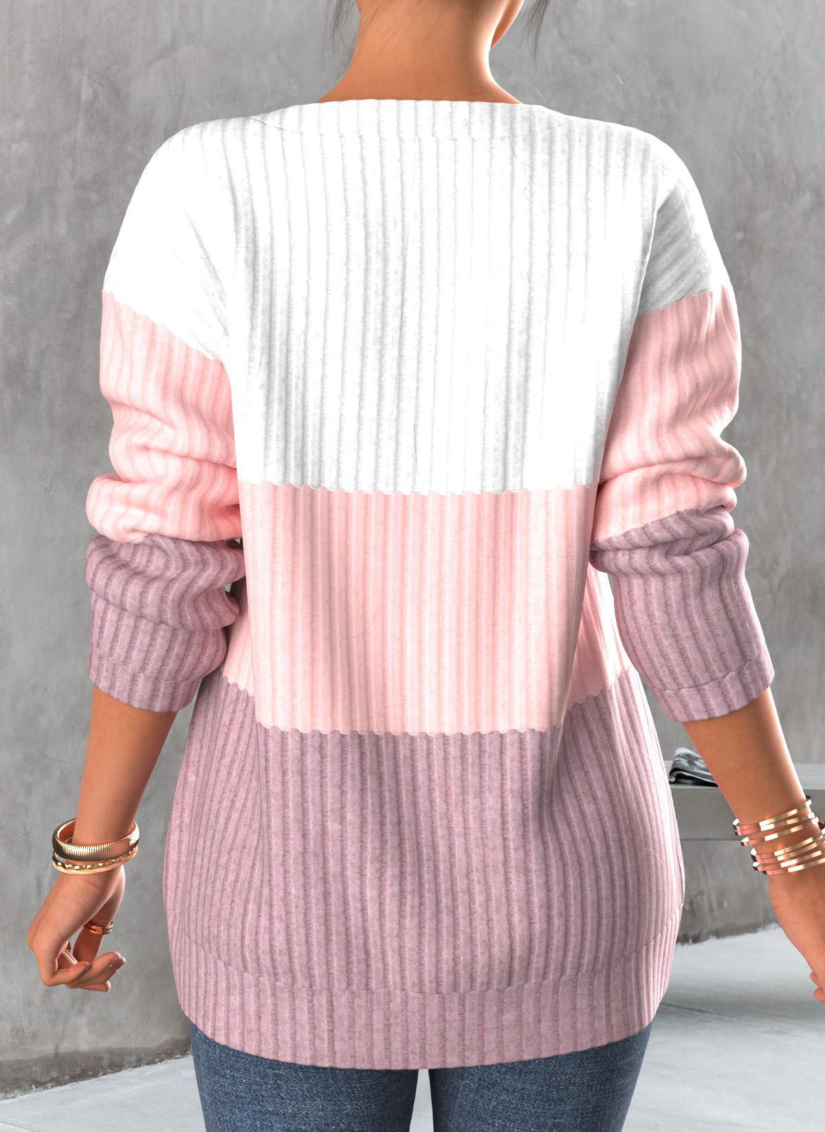 Plus Size Contrast Zipper Light Pink Round Neck Sweatshirt