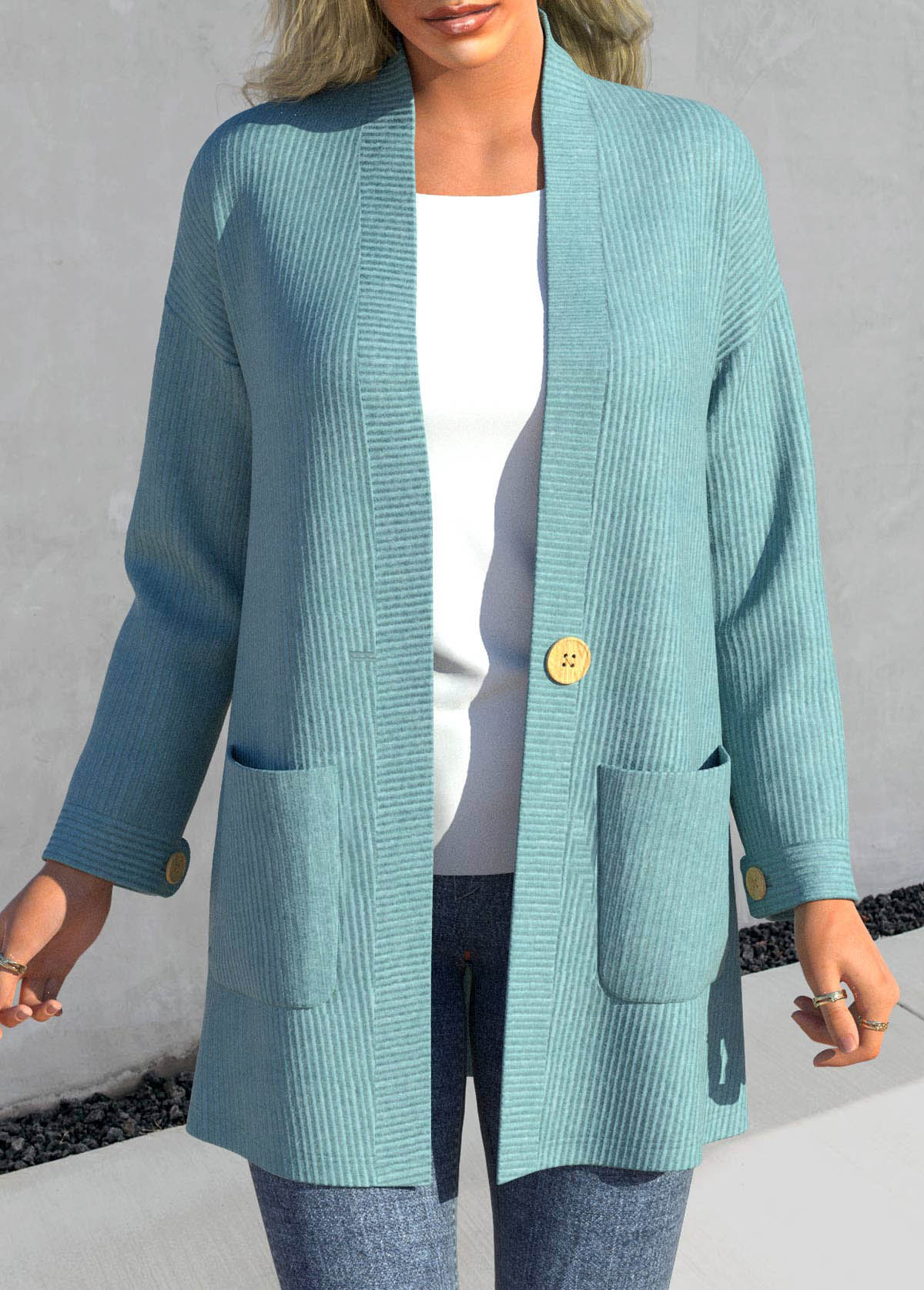 Button Peacock Blue Long Sleeve Cardigans