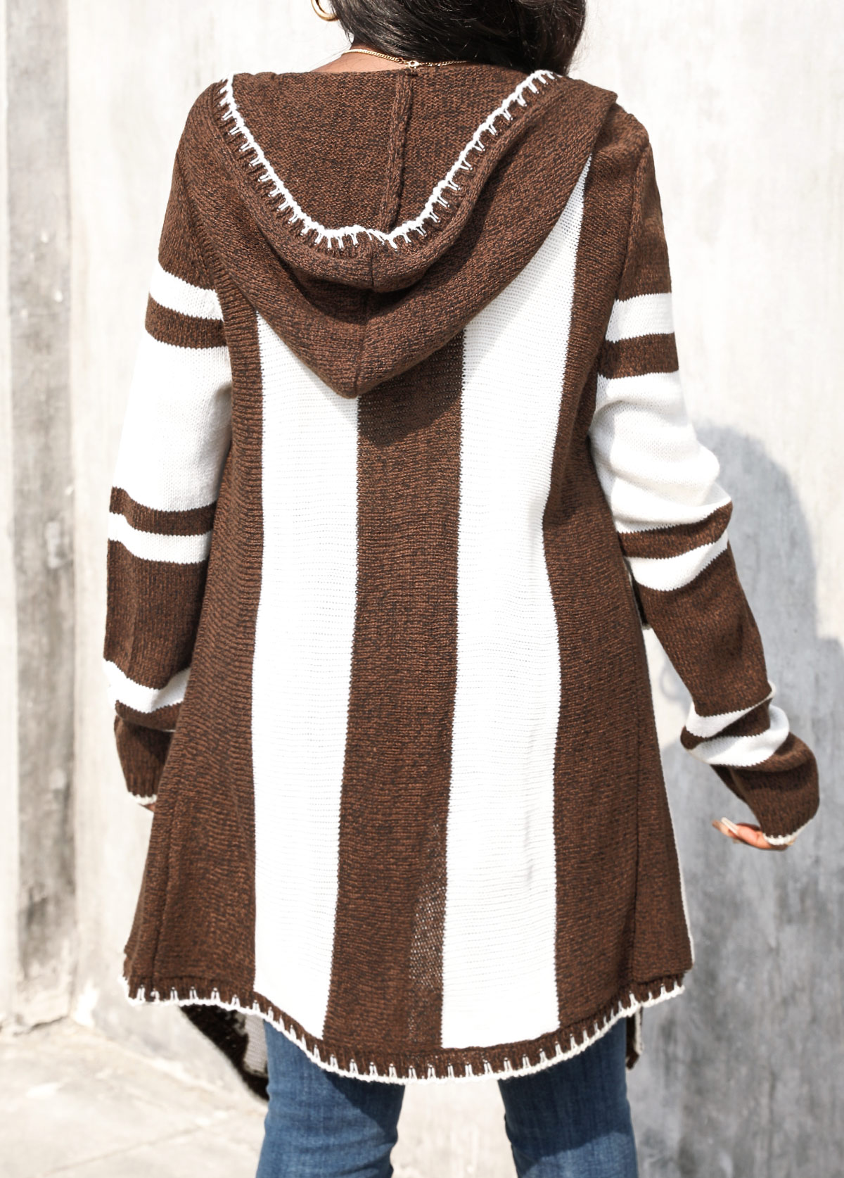 Geometric Print Patchwork Dark Coffee Hooded Cardigan