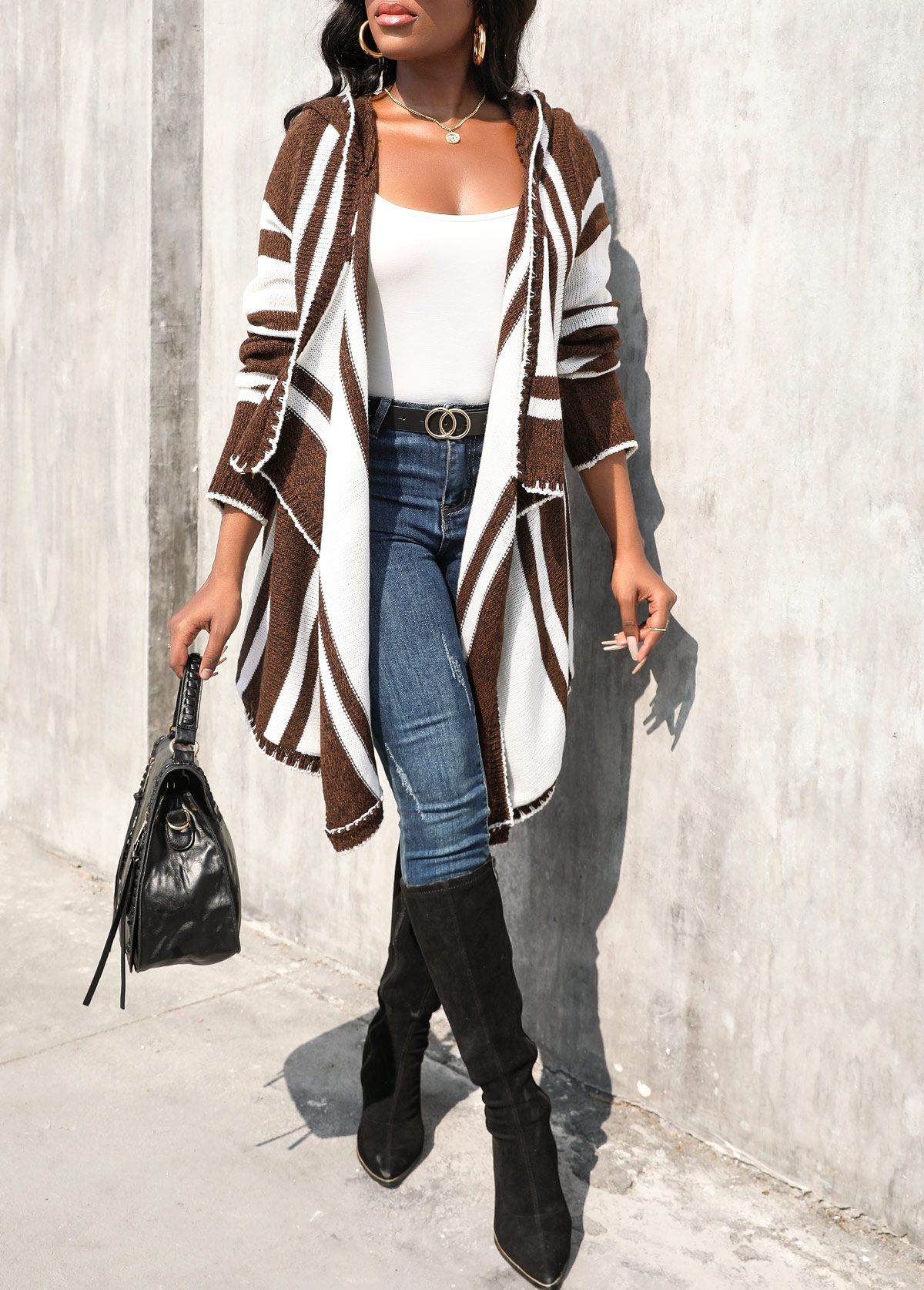 Geometric Print Patchwork Dark Coffee Hooded Cardigan