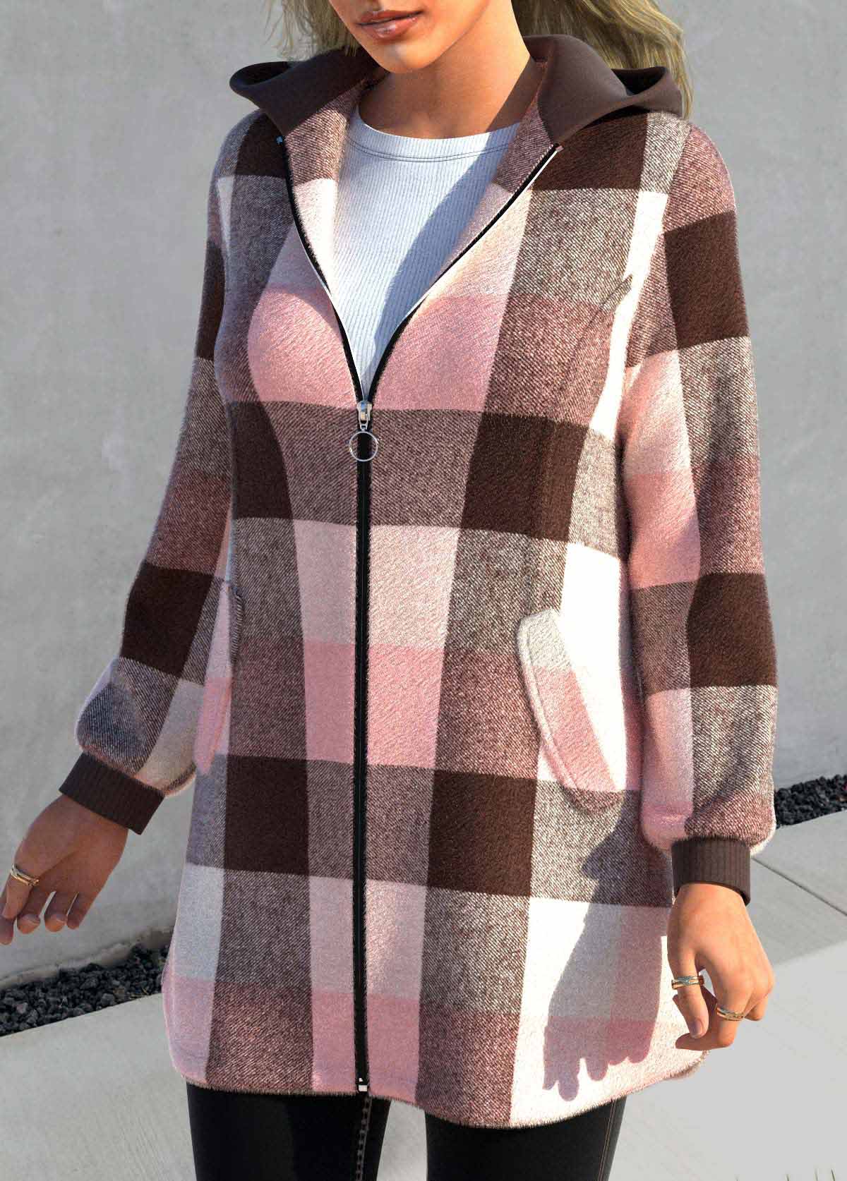 Plus Size Tartan Print Zipper Pink Hooded Long Sleeve Jacket