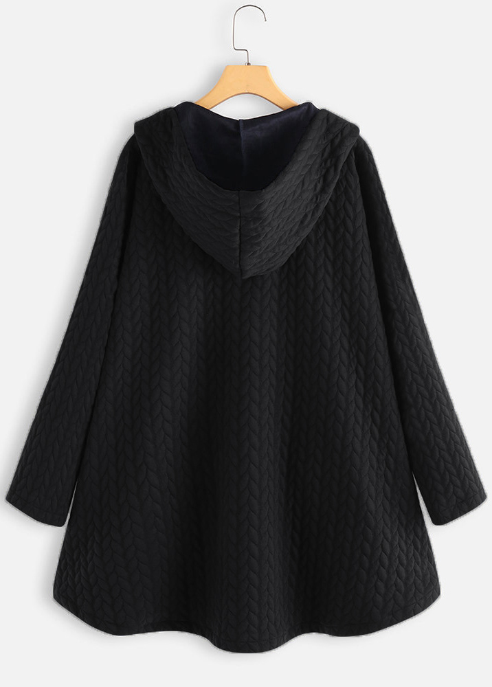 Black Hooded Long Sleeve Pocket Coat