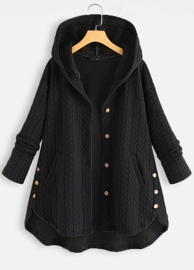 Black Hooded Long Sleeve Pocket Coat