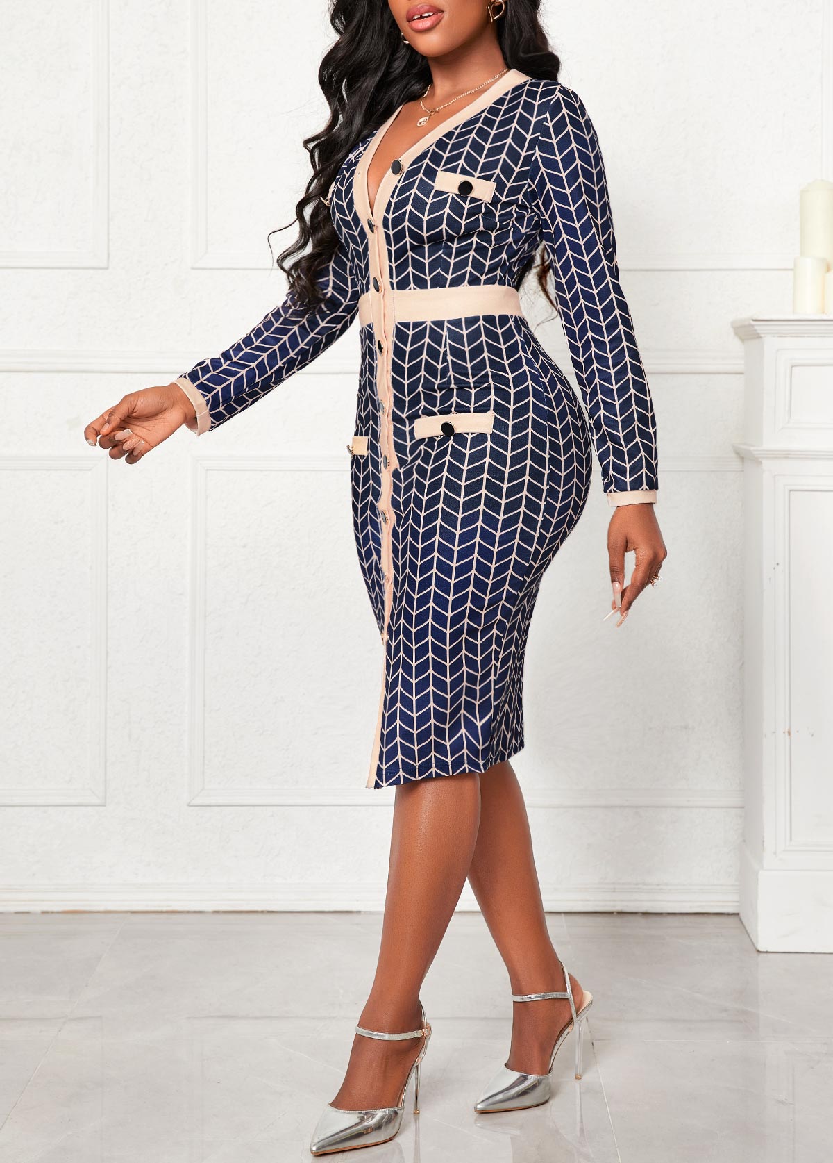 Long Sleeve Button Navy V Neck Bodycon Dress