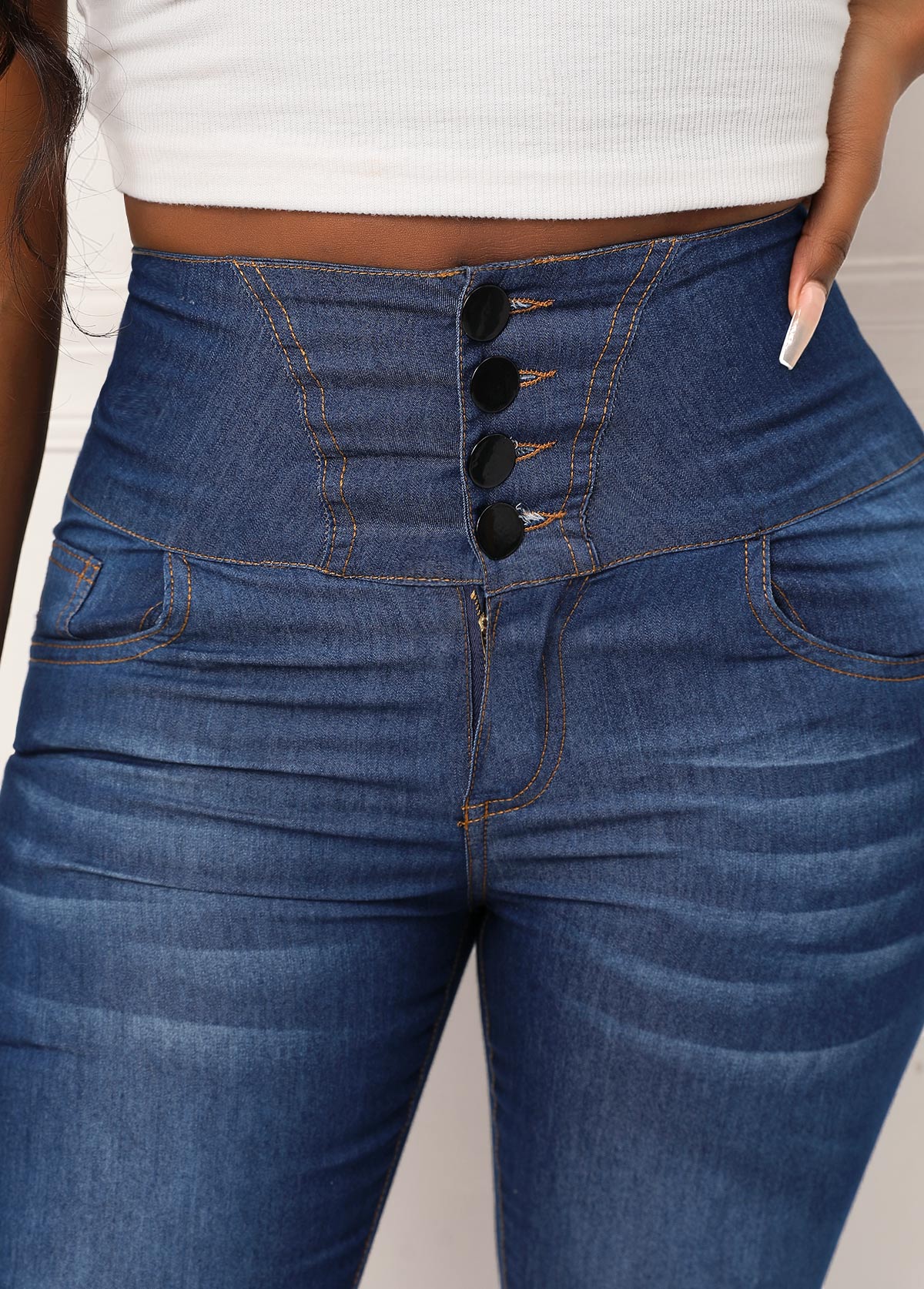 Dark Blue Skinny Button High Waisted Jeans