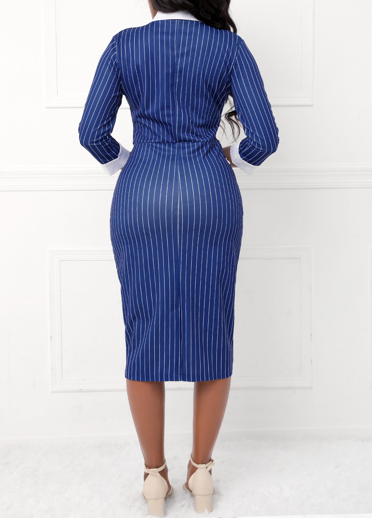 Striped Contrast Binding Dark Blue Bodycon Dress