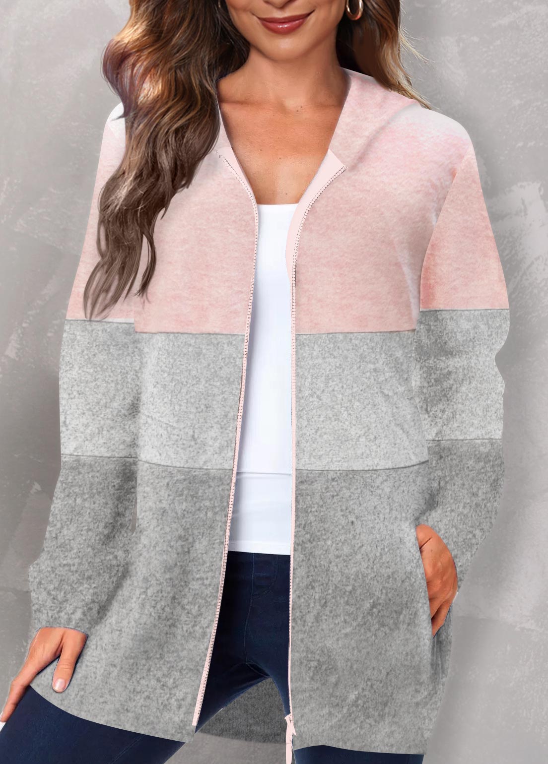 Pink Hooded Patchwork Long Sleeve Coat