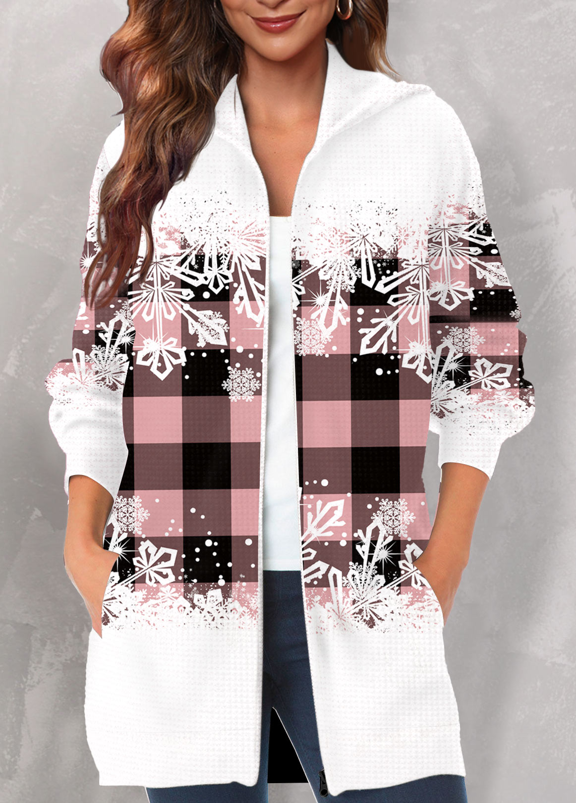 Plus Size Plaid Pocket Pink Hooded Long Sleeve Coat