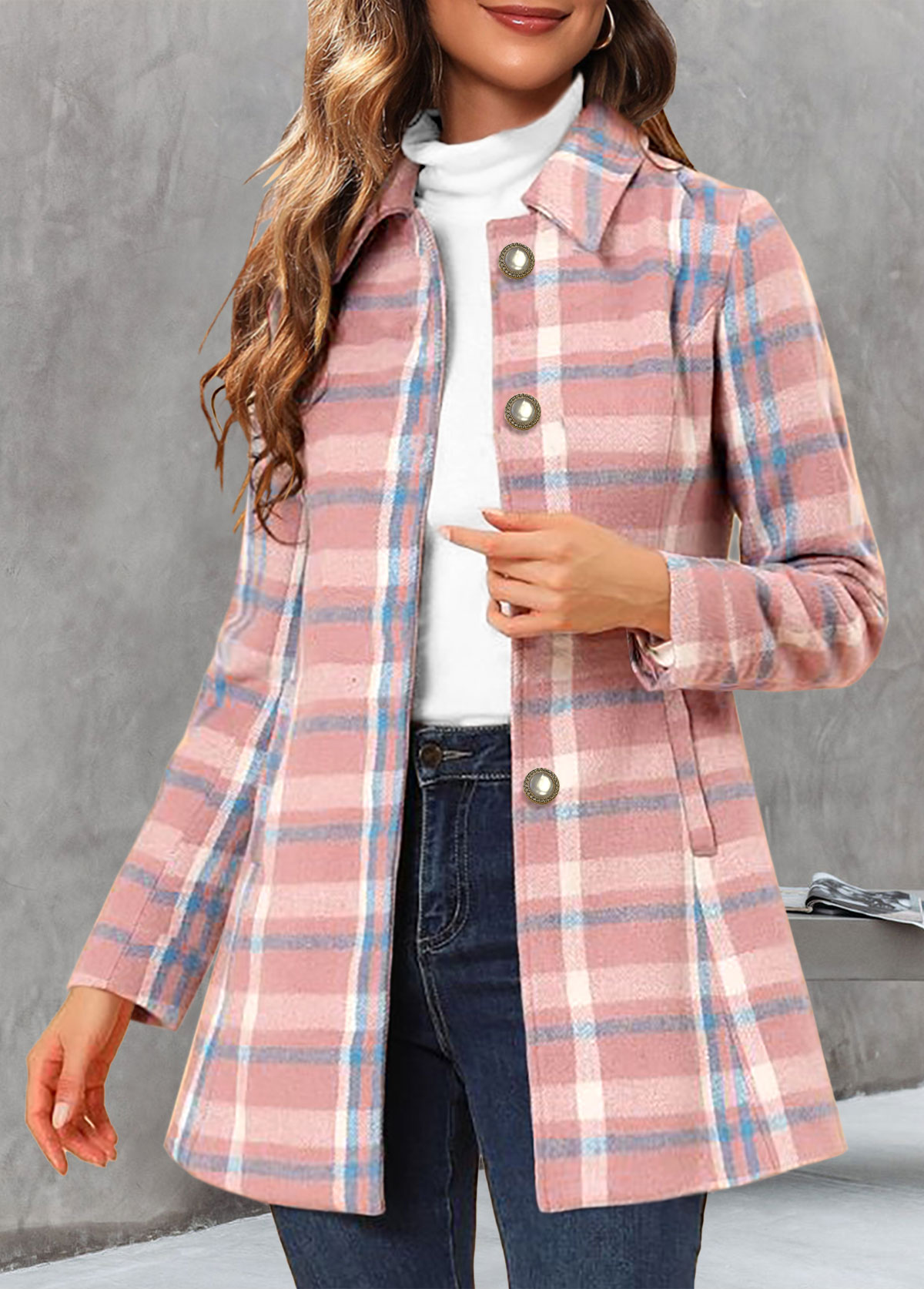 Plaid Pocket Pink Shirt Collar Long Sleeve Coat