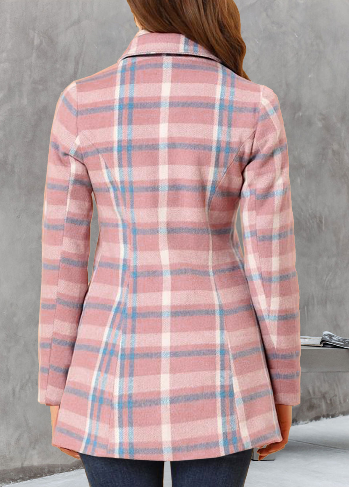 Plaid Pocket Pink Shirt Collar Long Sleeve Coat