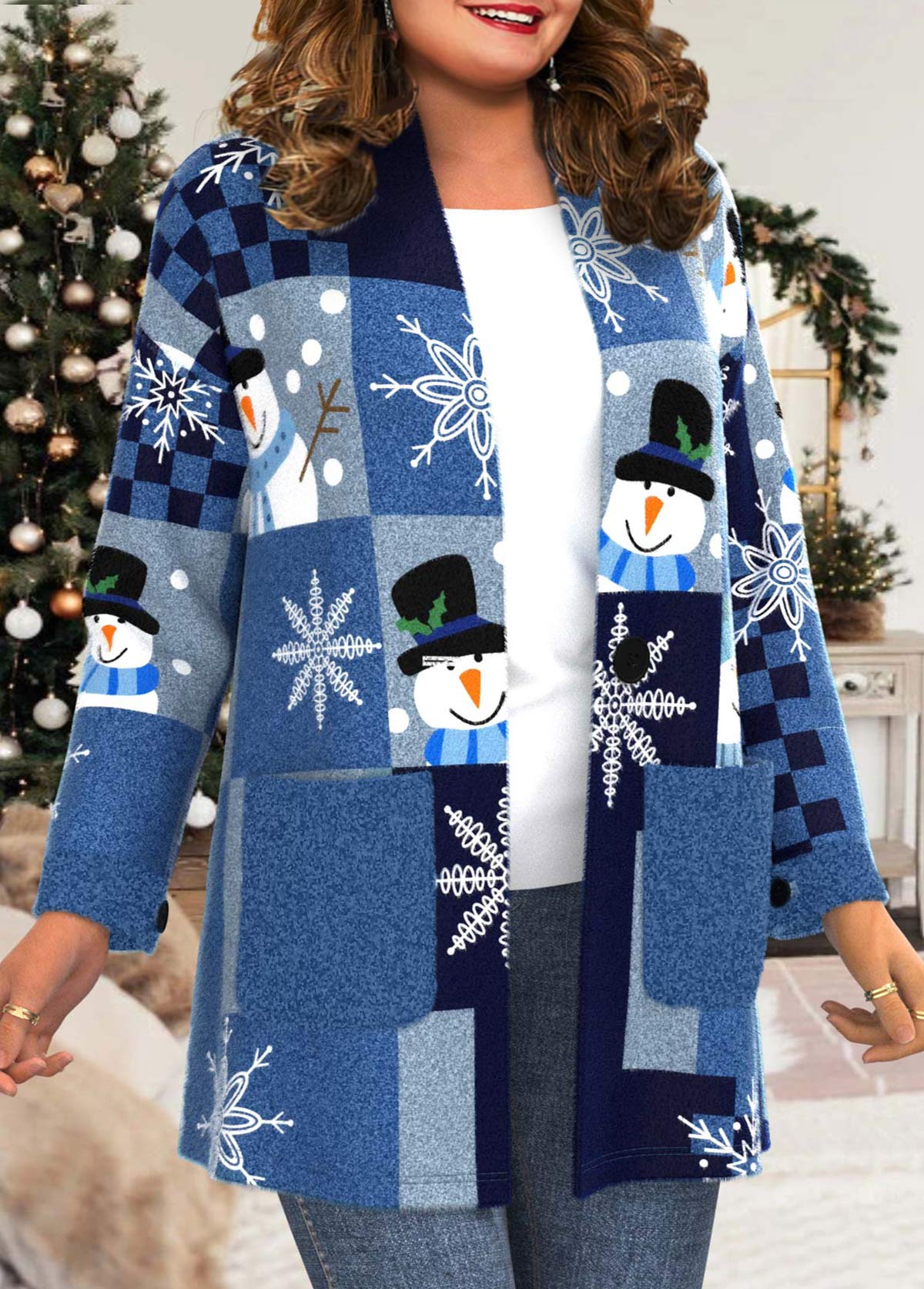Plus Size Christmas Snowman Print Long Sleeve Blue Pocket Coat
